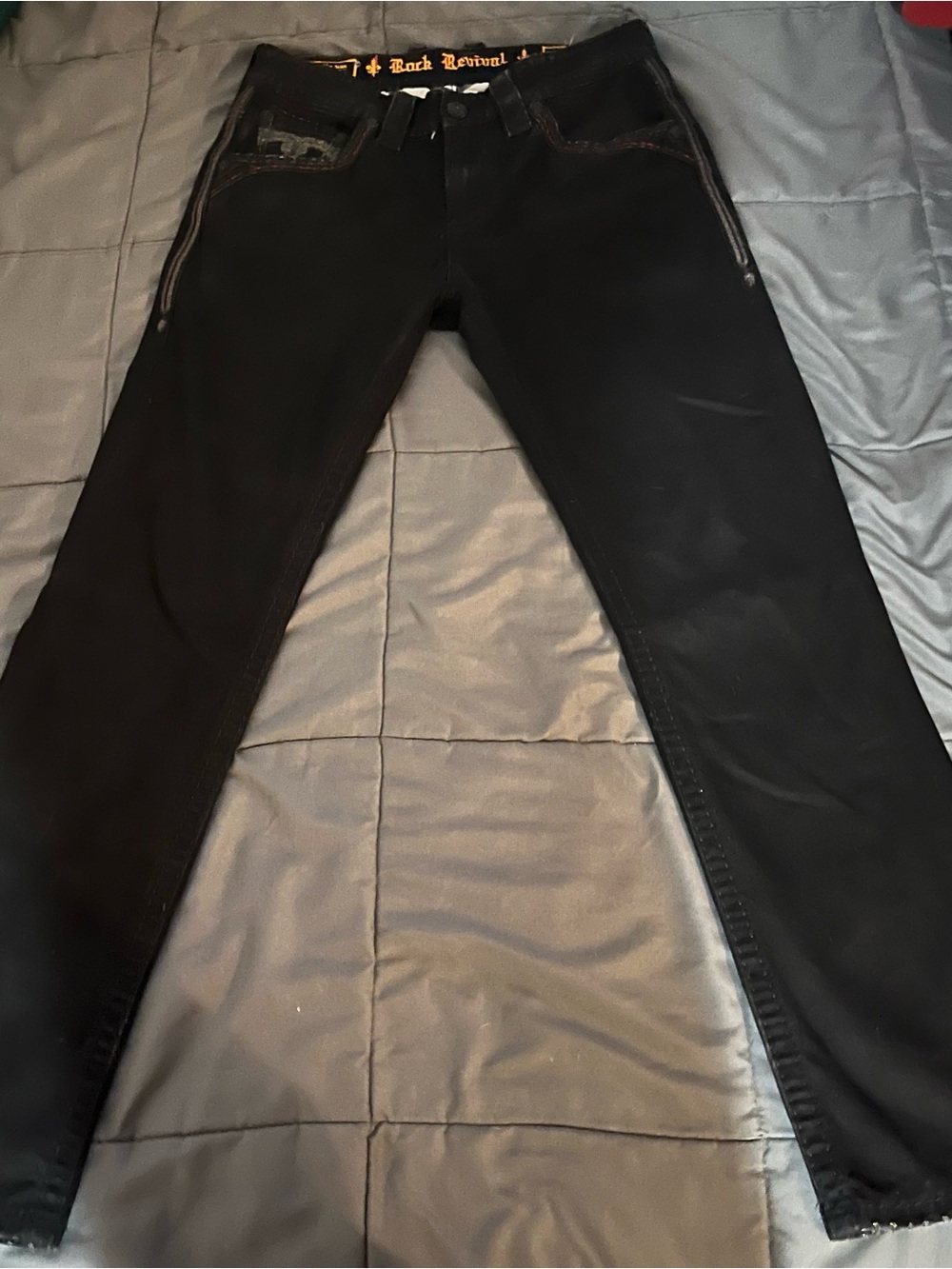 Rock Revival Black Jeans with Orange Embroidered Waistband